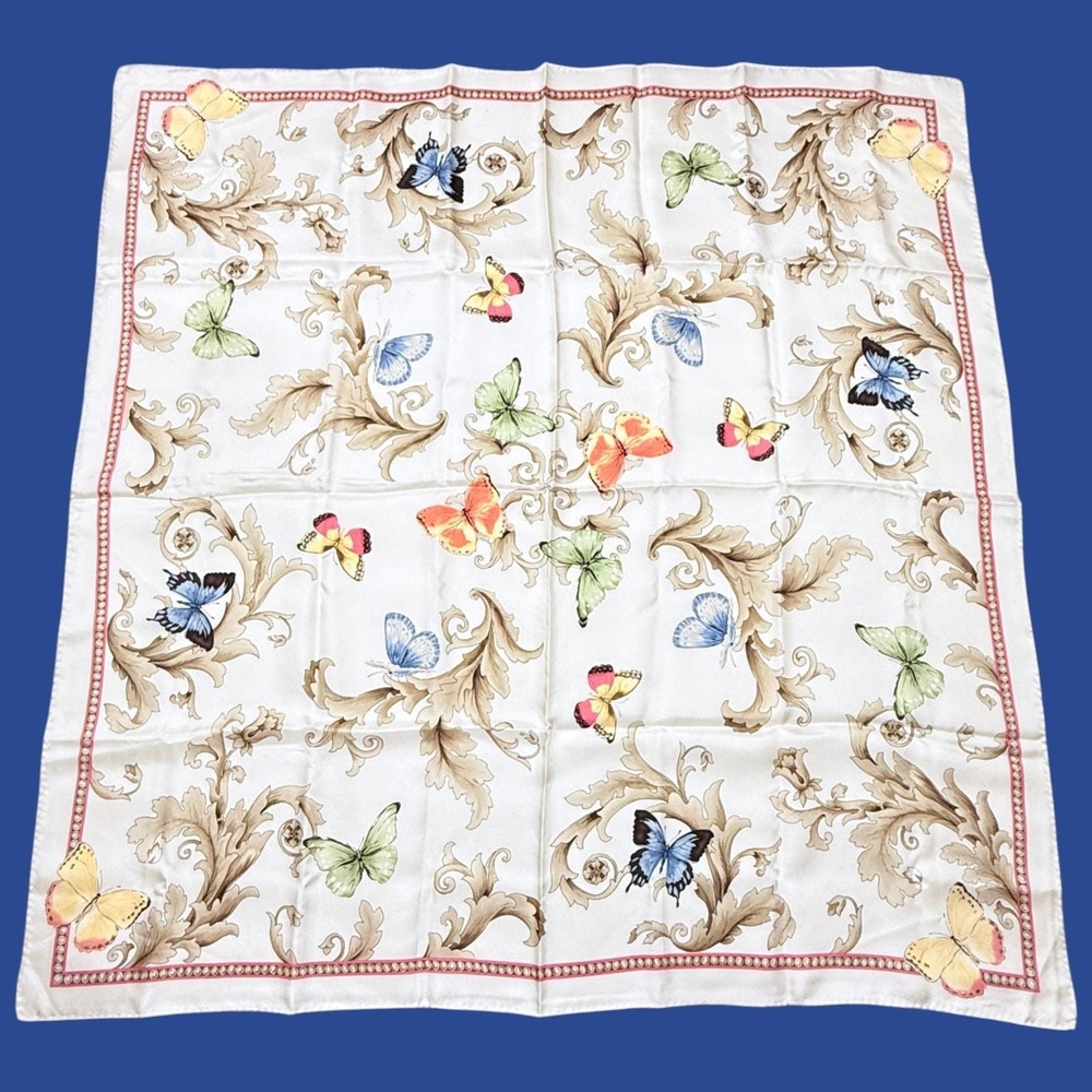 Silk Scarf Cream Multicolor Butterflies Floral Print Rolled Hem Quality Feel